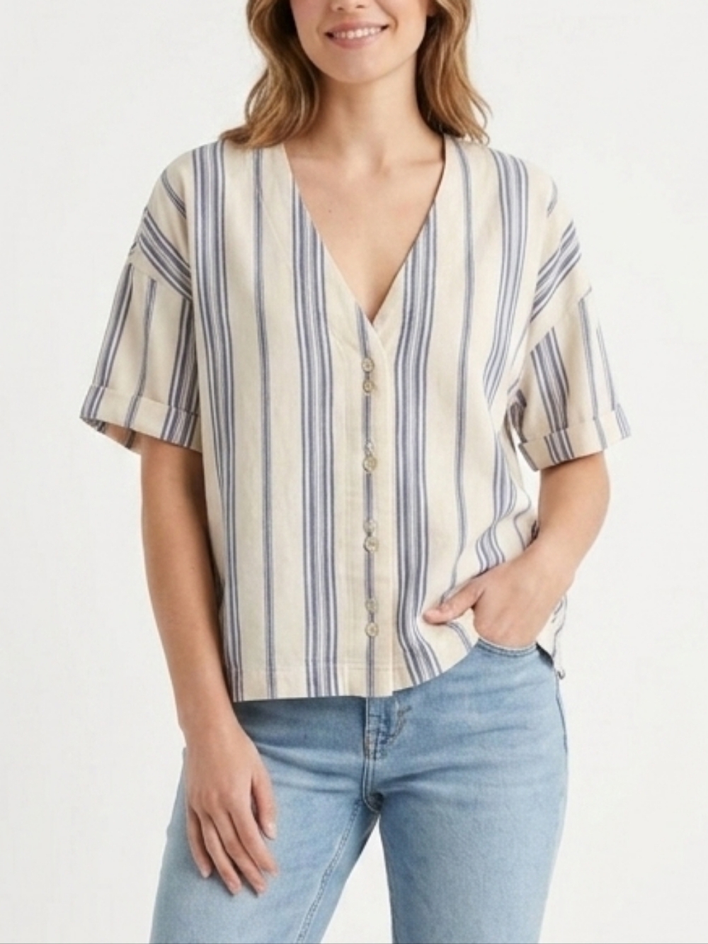 Simons Cream and Blue Striped Button-Front V-Neck Top